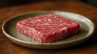 Raw marbled beef steak on rustic ceramic plate against dark wooden background, showcasing premium meat quality and natural marbling pattern.