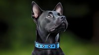 French bulldog wearing blue collar looking up against dark background with green bokeh lighting effects for pet photography and animal portraits.