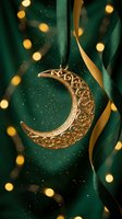 Golden crescent moon ornament with intricate filigree patterns hanging on emerald ribbon against bokeh lights background for holiday celebrations.