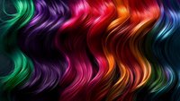 Vibrant wavy strands of multicolored hair featuring emerald green, deep purple, hot pink, fiery orange and electric blue hues against dark background.