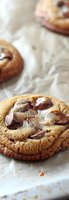 Fresh baked chocolate chip cookie with melted chunks on parchment paper, macro close-up showing gooey texture and golden brown edges.