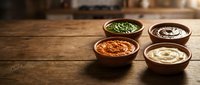 Four wooden bowls containing colorful sauces and condiments arranged on rustic wood table in warm kitchen lighting for culinary and cooking concepts.