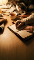 Cozy autumn morning scene with person writing in journal while tabby cat sleeps nearby, warm tea and knitted sweater creating hygge atmosphere for relaxation.