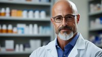 Confident mature male pharmacist with gray beard and glasses wearing white coat smiling in pharmacy with medicine shelves in background. Professional healthcare portrait.