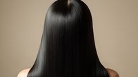 Sleek, straight black hair from behind showing smooth texture and shine against neutral beige background, perfect for beauty and haircare advertising.