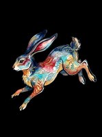 Colorful leaping rabbit with Asian-inspired floral and wave patterns, isolated on transparent background, ready for stickers, t-shirt design, and print on demand.