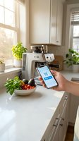 Hand holding smartphone with online shopping app in bright modern kitchen with fresh vegetables and coffee machine on counter.