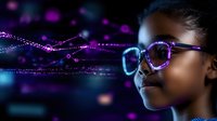 Young African American woman wearing futuristic smart glasses with digital data streams and purple neon lights in cyberpunk technology environment.
