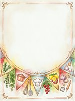Watercolor cooking themed border frame with festive bunting flags, kitchen utensils, herbs, fruits and spices, copy space for recipe card or menu design.