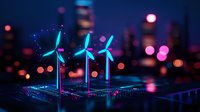 Glowing wind turbines on circuit board with neon city lights bokeh in background, representing green technology and renewable energy innovation.