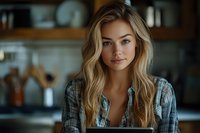 Young blonde woman in plaid shirt smiling warmly in modern kitchen interior with soft natural lighting for lifestyle and home cooking concepts.