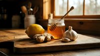 Ginger root, lemon, garlic, and honey in jar on wooden board with warm sunlight for natural remedies, wellness, cooking, and health supplement content.