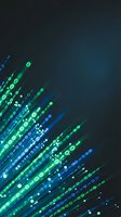 Abstract digital fiber optic cables with glowing blue and green lights on dark background for technology and data transfer concepts.