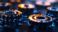 Metallic gears and cogs with glowing orange light effects on dark background for industrial technology and engineering concepts.