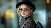 Young Caucasian woman in black hat and glasses wearing grey coat, with blonde hair and natural makeup, looking sideways with confident expression against blurred background.