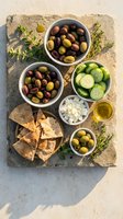 Mediterranean appetizer platter with mixed olives, cucumber, feta cheese, pita chips and herbs on stone board for entertaining and healthy snacking.