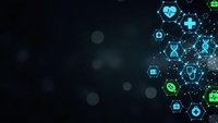 Digital healthcare technology background with medical icons and hexagonal network pattern on dark blue gradient for modern health innovation designs.
