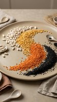 Assorted legumes and grains arranged in colorful rainbow pattern on wooden plate. Healthy protein sources including lentils, beans, chickpeas for nutrition cooking.