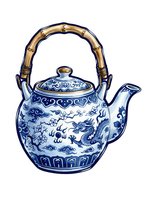Traditional blue and white porcelain teapot with bamboo handle, featuring ornate dragon motifs and floral patterns. Isolated on white background, ready for design projects.