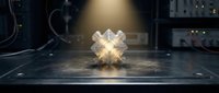 Glowing geometric crystal structure with warm light emission on dark laboratory surface surrounded by technical equipment and cables.