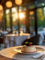 Elegant panna cotta dessert with fresh raspberry and mint leaves served on white plate in upscale restaurant with warm ambient lighting and blurred background.