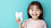Cheerful Asian girl holding white tooth model against turquoise background, demonstrating dental care and oral hygiene concept for pediatric dentistry.