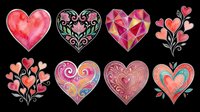Watercolor and geometric heart clipart set, isolated on transparent background. Great for Valentine's Day t-shirt design, stickers, print on demand, and sublimation crafts.