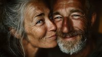 Happy elderly couple embracing with warm smiles showing deep love and connection in golden light portrait for family and relationship concepts.