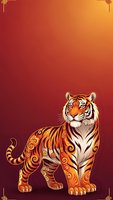Ornate tiger with decorative golden patterns on warm gradient background for Chinese New Year celebrations and Asian cultural designs.
