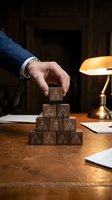 Caucasian male professional in blue business shirt placing wooden block with people icon on pyramid stack at desk under warm lamp light, representing organizational hierarchy and team building strategy.
