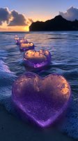 Glowing purple crystal hearts scattered on ocean shore at sunset with dramatic sky and mountain silhouette creating romantic magical atmosphere.
