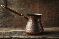 Traditional copper coffee pot with wooden handle on rustic wooden surface against textured brown background.