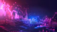Glowing financial charts and market data visualization in neon pink and blue gradient with dynamic graph lines and statistics for business analysis.