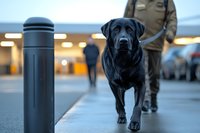 Black Labrador retriever walking with owner on urban sidewalk at dusk, security bollard in foreground, soft evening lighting creates moody atmosphere.