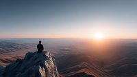 Person sitting on mountain cliff edge watching sunrise over vast landscape with rolling hills and valleys creating peaceful meditation moment for wellness content.