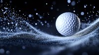 Golf ball on dark background with dynamic water splash and droplets creating dramatic sports atmosphere. Elegant motion capture in blue tones.
