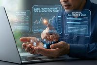 Businessman analyzing holographic financial data displays with charts and economic indicators floating above hands near laptop computer.