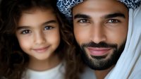 Middle Eastern father and daughter sharing tender moment together, traditional headwear, family bonding, cultural heritage, parenting love and connection.