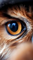 Extreme close-up macro shot of an owl's eye showing intricate detail of golden iris, dark pupil and surrounding brown feathers in dramatic lighting.