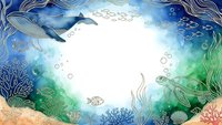Underwater ocean scene with whale, coral reef, fish and marine life creating circular frame with white center space for text or design elements.