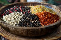 Colorful assortment of whole and ground peppercorns in rustic wooden bowl - white, black, pink, and chili flakes for cooking and seasoning.