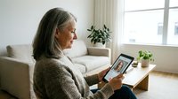 Senior woman with gray hair video calling on tablet device in bright modern living room for remote communication and digital connection.