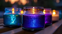 Glowing glass jars with colorful glitter and candles creating magical ambient lighting at dusk, arranged in row on wooden surface. Festive holiday decoration.