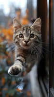 Curious striped kitten with big eyes peeks through window, reaching out paw against glass. Autumn orange bokeh background creates warm emotional mood for pet photography.