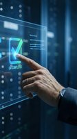 Hand touching holographic quality assurance interface with green checkmark showing QA completed status on futuristic digital display for business technology.