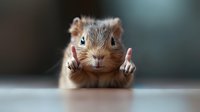 Funny gerbil showing middle fingers with angry expression on blurred background, humorous animal meme concept for social media and greeting cards.
