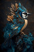 Ornate blue jay with intricate fantasy armor and jeweled details against dark background with mystical smoke effects, combining nature and magical elements.