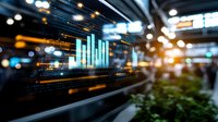Digital financial graph bars glowing on dark glass surface with bokeh lights and reflections, modern business analytics visualization background.