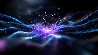 Abstract digital energy explosion with flowing particle waves in blue and purple colors creating dynamic motion effect for technology backgrounds.