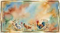 Watercolor farm animals including rooster, hen, and chicks with botanical elements on aged paper background. Suitable for rustic home decor, farmhouse design, greeting cards, and country-themed projects.